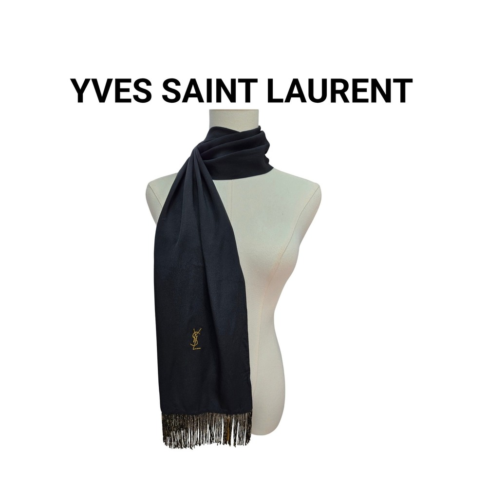 Yves Saint Laurent Black Silk Scarf Gold YSL Logo Metallic Fringe Trim Wrap